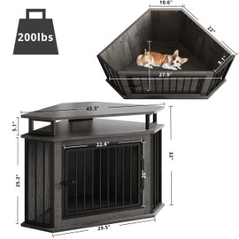IRONCK 44" Corner Dog Crate with 2-Tier Shelves, Wooden Dog Kennel Furniture, Dog Kennel Indoor Furniture for Small and Medium Dogs, Rustic Brown (23.6" L x 43.3" W x 32.3" H)