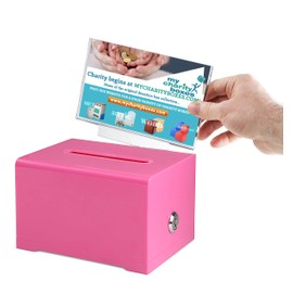 Donation Collection Ballot Box Ticket & Drawing Voting or Comment Box office and fundraising suggestion box 6.25 x 4.75 x 4 inch, Display Sign Holder 4 x 6 inch with Lock and keys(Pink)