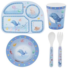 Lesser & Pavey 4 Piece Baby Dinner Set Bowl, Fork, Spoon, Plate and Cup - Farm, Mermaid, Safari, Sea Life or Space Fun Designs (Sea Life)