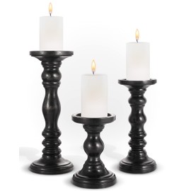 Large Candle Holders for Pillar Candles - Decorative Rustic Centerpiece Pillars Compatible with Battery-Operated Candles - Tall Farmhouse Wooden Candle Holders Pillar - Set of 3