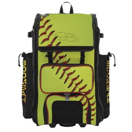 Boombah Rolling Catchers Superpack Bat Bag - 23-1/2" x 13-1/2" x 9-1/2" - Telescopic Handle - Holds 4 Bats - Wheeled Version - Softball Homerun Optic Yellow/Black/Red