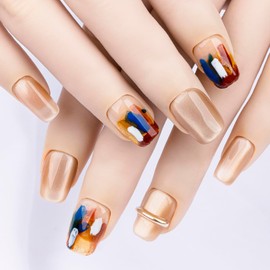 Closeus Press On Nails Handmade Short Hand-painted Oil Painting Gradient 3D Crystal Cat Eye Glitter Designed Natural Luxury Fit Gem Pearl Glue Reusable Stick On Nail in 10Pcs 3 Sizes Kit S