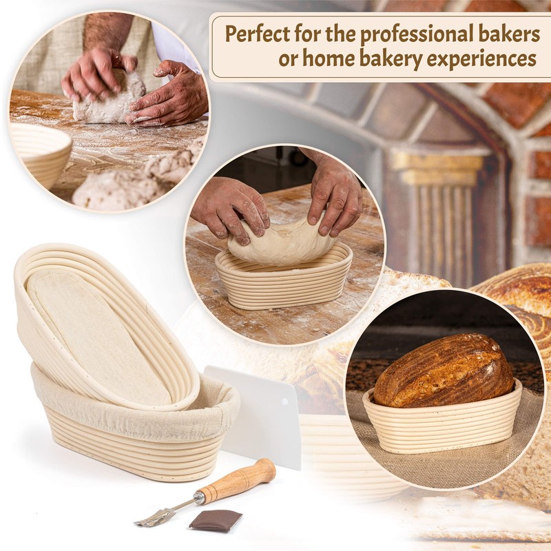 25cm Bread Proofing Basket Set Oval Natural Rattan Sourdough Proofing