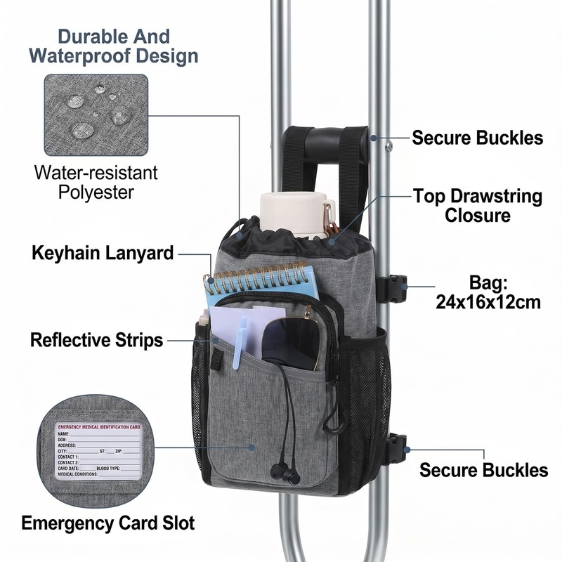 Crutch Bag Accessories Portable Crutches Padding, Lightweight, Waterproof, and Features