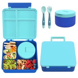 Children's Lunch Box Set with 300 ml Thermal Container for Food, Leak-Proof Lunch Box Children with 4 Compartments, Insulated Lunch Bag, BPA-Free Thermal Lunch Box Children, School, Excursions, Blue