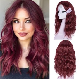 CURLCRAZY Short Wavy Wigs for Women Bob Wave Wig Natural Looking Synthetic Middle Part Lace Front Hair for Everyday Hairstyle 18Inch (Wine Red)