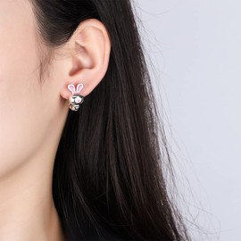 Bunny Hoop Earrings - Enamel Copper Animal Jewellery for Women Girls, Cute Sleepy-Eyed Rabbit Design, Lightweight Hypoallergenic Gift (1.05cm, Black Velvet Pouch)