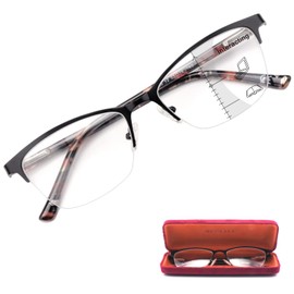 Missfive Premium Progressive Multifocus Metal Reading Glasses Women & A Case, Quality Spring Hinge Blue Light Blocking No Line Lens Multifocal Readers(for Mid-Near Workspace_2.5x_Classic Black)