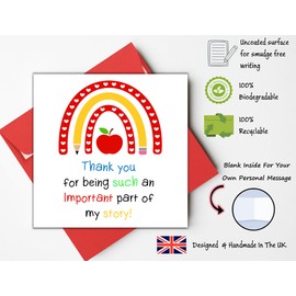 Printperfect - Teacher Thank You Card – Nursery, School Teacher or Assistant Goodbye Greetings Card – Rainbow Designs (Important Part Of My Story)