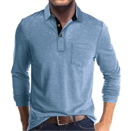 PICKLION Mens Long Sleeve Polo Shirts Casual Moisture Wicking Golf Polo Shirts with Pocket Light Blue