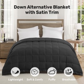 UNIKOME Blankets Queen Size - Soft Lightweight Retro Down Alternative Blankets with Satin Trim, Cozy Luxury Bed Blanket for All Season, Black (90"X90")