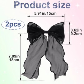 STSTR 2Pcs Large Hair Bow Clips, Black Silk Yarn Ribbon Bow Hair Barrette for Women, Elegant Long Tail Bowknot French Hair Accessories for Wedding, Parties, Festivals