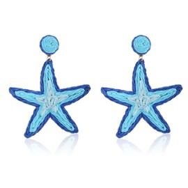 RUOFFETA Raffia Starfish Earrings, Raffia Straw Wrapped Starfish Drop Dangle Earrings Summer Tropical Beach Jewelry(Blue B)