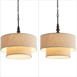 Shrine Lighting Double Drum Chandeliers, Farmhouse Style, Perfect Drum Pendant Light for Dining Room, D20'' x H10'', Adjustable Chains 55'', E12*4 Sockets, Beige Linen Fabric Lampshade & Black Rod