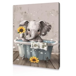 Qiukoo Bathroom Wall Art Waterproof Pictures with Frame and Hanging Hooks Cute Elephant Sunflower Bathtub Decor Toilet Wall Art 12 x 16 Inches Ideal for Bathroom Use