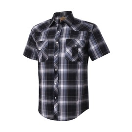 COEVALS CLUB Men's Western Plaid Pearl Snap Buttons Two Pockets Casual Short Sleeve Shirts (Gray,Black/2XL, 9#)
