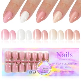 EternalClassic Oval Gel X Nails Tips Pre-colored Gel Press on Nails Extra Short Full Cover Soft Gel Nails Tips 5 Colors False Nails 150pcs Acrylic Nails Press ons Natural Fake Nails Extensions Kit