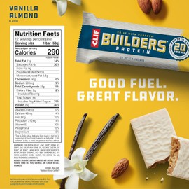 CLIF Builders - Vanilla Almond Flavor - Plant Based Protein Bars - Gluten Free - Non-GMO - Low Glycemic - 20g Protein - 2.4 oz. (12 Count)