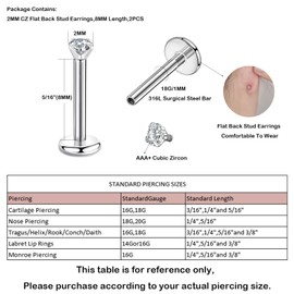 Candyfancy 16G/1.2 mm Helix Tragus Piercing Ear Lip Labret 2/3/4 mm Cubic Zirconia Gem Ear Jewellery Crystal Cartilage Stud Earrings Zirconia Earrings for Women Girls, Cubic Zirconia, Cubic Zirconia