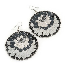 Black/White/Grey Round Enamel Hammered 'Rose' Drop Earrings In Silver Tone - 60mm Length