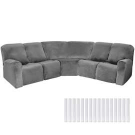 Peryiter 7 Pcs L Shape Sectional Recliner Sofa Covers 5 Seat Sectional Couch Covers Milk Silk Velvet Stretch Reclining Sofa Cover Sofa Slipcover Furniture Protector for Room (Dark Gray,Velvet)