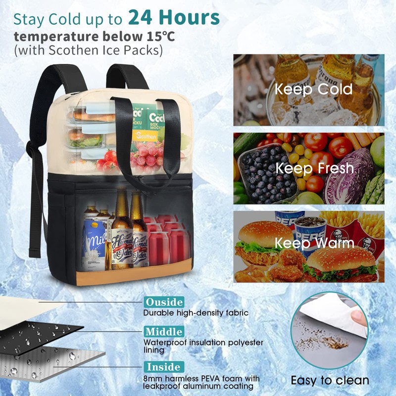 Scothen Backpack Cooler with Double Decker & 12 Ice Packs-