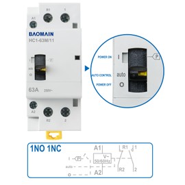 Baomain 220V AC 2-Pole Modular Contactor, 63A 1NO1NC Normally Open + Normally Closed, DIN Rail Mount for HVAC, Motor, Pump & Lighting Control HC1-63M/11-220VAC