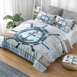 Pamnest Comforter Set Queen Size, Vintage Wheel Anchor 3 Pcs Soft Bedding Set for Kids and Adults, Retro Blue Sea Woodboard Comforter Set with 2 Pillowcases, for Bedroom Bed Decor