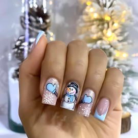 LPOODDNU French Christmas Press on Nails Short Square Snowman Fake Nails Glossy Blue French Tip Christmas Nails Press ons Cute Christmas False Nails with Gloves Snowflakes Designs Stick on Nails