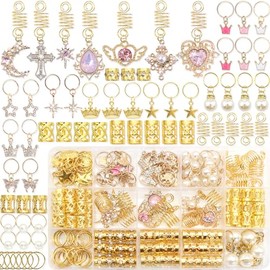 NAISKA 156Pcs Pink Crystal Loc Dreadlocks Jewelry Gold Hair Jewelry for Braids Multi Shape Crown Pearls Hair Decoration Hair Coils Rings Dreadlocks Ha