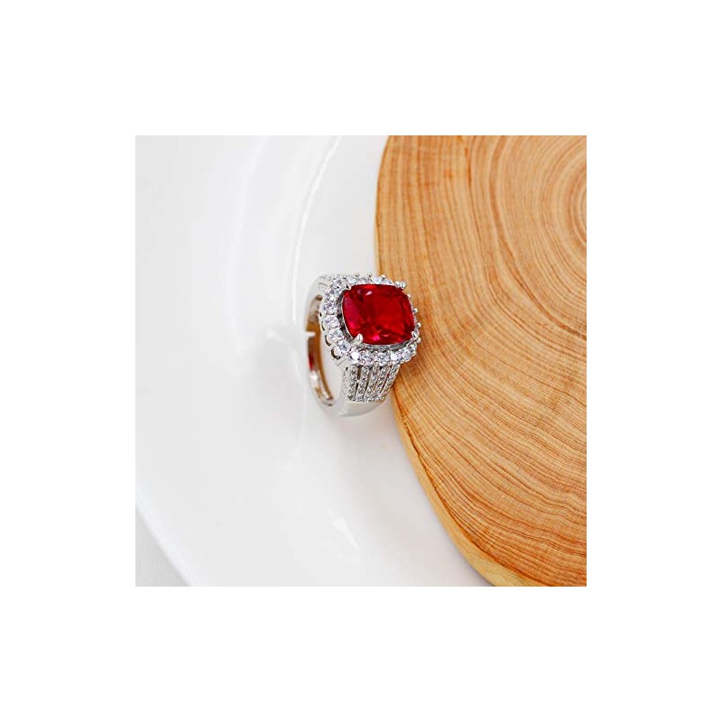 Uloveido White Gold Plated Cushion Cut Simulated Ruby Rings Adjustable,