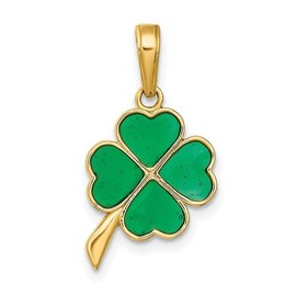 ALELSA JEWELRY 14K Solid Gold Green Enamel Four Leaf Clover Charm Pendant - 20mm x 10mm 14K Yellow Gold Shamrock Pendant.
