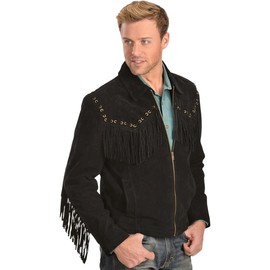 Quality Supply Mens Traditional Western Fringed Suede Leather Jacket | Classic Native American Jacket Coat with Fringes (as1, alpha, s, regular, regular, Black)