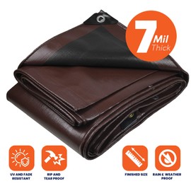 Tarpco Safety Heavy Duty 7 Mil Tarp Cover, Waterproof, UV Resistant, Rip and Tear Proof, Poly Tarpaulin with Reinforced Edges for Roof, Camping, Patio, Pool Cover, Boat (Brown/Black 12′ X 16′)
