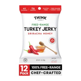 Sriracha Honey Turkey Jerky by Think Jerky — Delicious Chef Crafted Jerky — Free-Range Turkey With No Gluten or Antibiotics Added — Healthy Protein Snack Low in Calories and Fat — 1 Ounce (12 Pack)