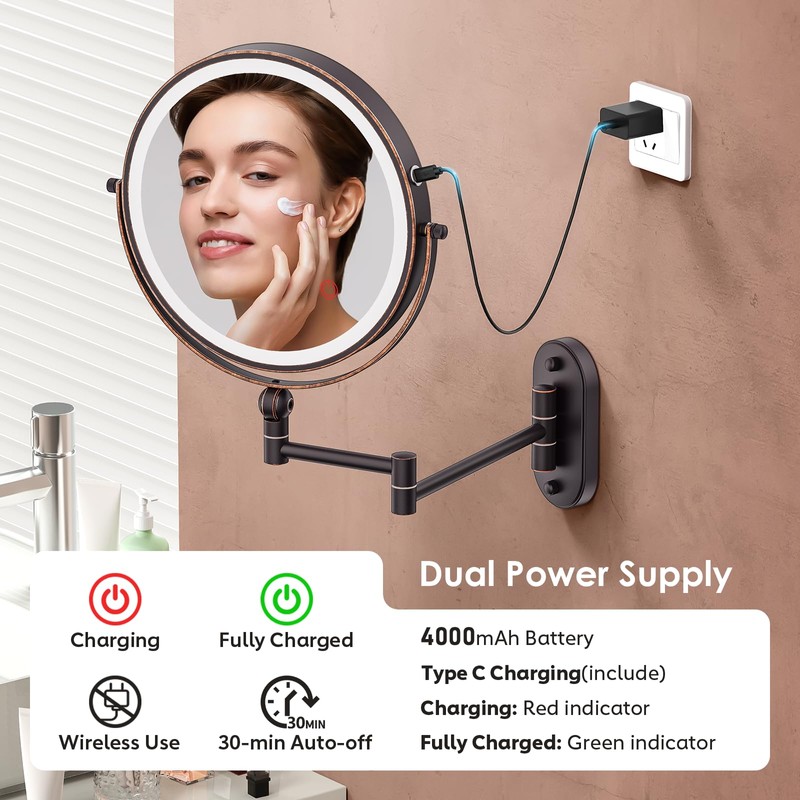 9" Wall Mounted Lighted Makeup Mirror,4000mAh Rechargeable Double Sided 1X/10X