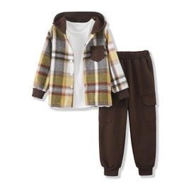 Yhnslsf Boys Clothes Size 10-12 Youth Fall Winter 2 Piece Outfits Toddler Boy Sweatsuit Size 11 Coffee Plaid Pockets Hoodie Pants Boys' Tracksuits Button Sweatshirts Sweatpants Sports Workout Clothing