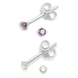 Set of 2 PAIRS Sterling Silver Cubic Zirconia stud Earrings - SIZE: TINY 2mm - Very Small & discreet - Purple & Clear