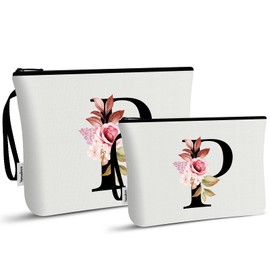 Vavabox 2 Pcs Initial Makeup Bag Set,Birthday Gifts for Women,Ideal for Wedding,Travel (P, White)
