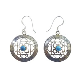 Ethnic tribal gypsy handmade drop dangle Tibetan earrings for women, Turquoise gemstone earrings beautiful filigree fine round boho fashion earrings / 2.2 x 2.2 cm