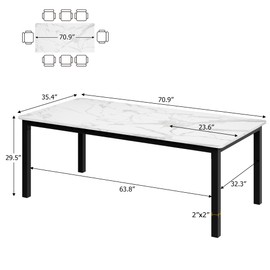 dainslef 71 Inch Industrial Dining Table, Large Rectangle Kitchen Table with Metal Legs, Round Corners, Wooden Conference Tables Writing Desk for Dining Room, Living Room, White Faux Marble