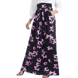KOH KOH Womens Floral Print Long Flowy Cute Modest High Empire Waist Floor Length Pockets Casual Formal Vintage Slimming Work Wear Office Tall Maxi Skirt, Black & Purple M 8-10