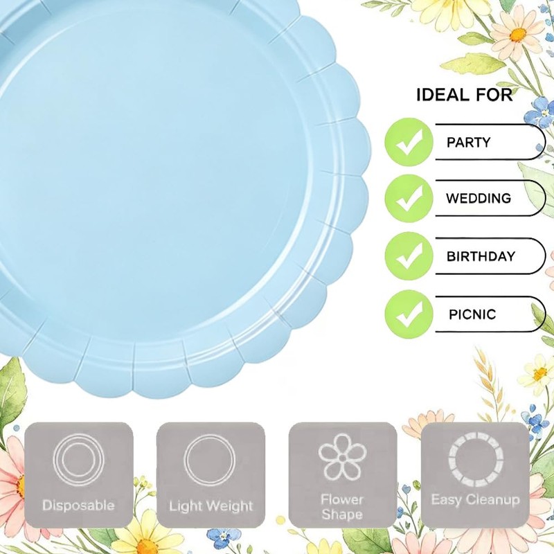 30 Pack Blue Scalloped 9 Inch Paper Plates, Disposable Flower