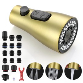 Kitchen Faucet Sprayer Head Replacement - with 15 Adapters Pull Down Faucet Spray Head, Pull Out Faucet Sprayer Nozzle, 3 Function Kitchen Tap Spray Spout Part Connector, Brushed Gold