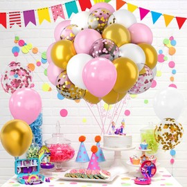 62Pcs Pink and Gold Balloons Set, 12 Inch Pink White Gold Confetti Latex Balloons Kit with Ribbons, Party Balloons Kit for Birthday, Wedding, Bridal Shower, Girl Princess Party Decorations
