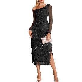 DRESSTELLS Cocktail Dresses for Women Fall 2025 Long Sleeve Formal Wedding Guest Sparkly Evening Party Sequin Maxi Mesh Homecoming Prom Dress Black S