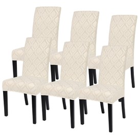 SearchI Dining Room Chair Covers Set of 6, Stretch Jacquard Parsons Chair Slipcovers Spandex Removable Washable Kitchen Chair Protector Cover for Dining Room, Hotel, Ceremony (Jacquard Beige)