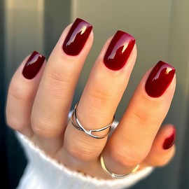 BFY Short Press on Nails Square Winter Christmas Colors, Wine Red Solid Color Nail Decoration Gel Made Acrylic Nails, Glossy Fake Nails Stick Glue on Nails Kit, New Year Nail Accessories 24 Pcs