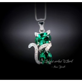 Cat Emerald necklace, Diamond Kitty Cat Emerald Pendant, Sterling Silver Pet Cat lover gift Kitten Jewelry 16" ~20" adjustable chain