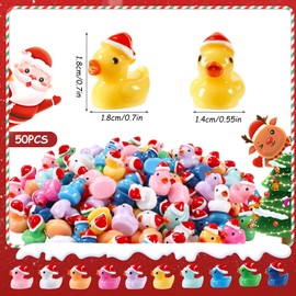 Christmas Ducks, 50Pcs Mini Resin Ducks, 10 Colors Tiny Plastic Ducks with Christmas Hat, Mini Resin Figures for Diy Craft, Aquarium Garden, Dollhouse, Garden Landscape Deracoration